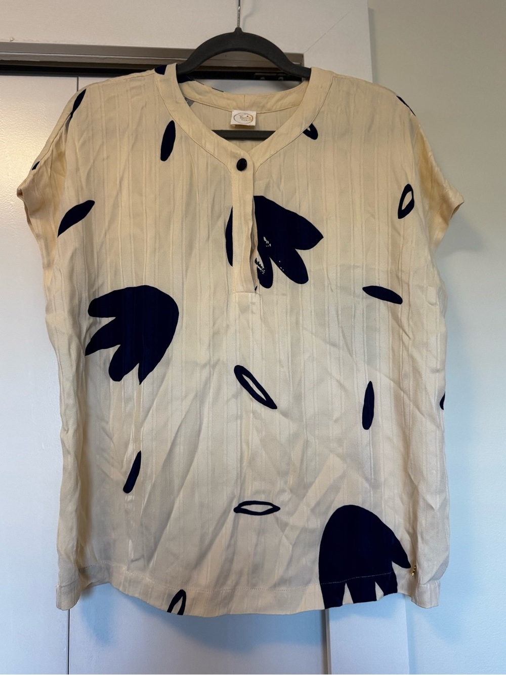 Des Petits Hauts Paris Ricito Cream Navy Short Sleeve Henley Top Blouse T2 Med